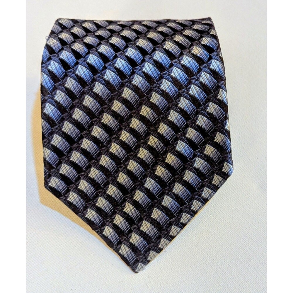 ERMENEGILDO ZEGNA  Men’s Silk Necktie ITALY Luxury Geometric Blue/Silver EUC